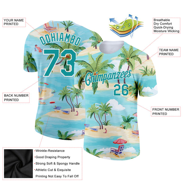 Custom Lakes Blue Teal-White 3D Pattern Design Beach Hawaii Palm Trees Performance T-Shirt