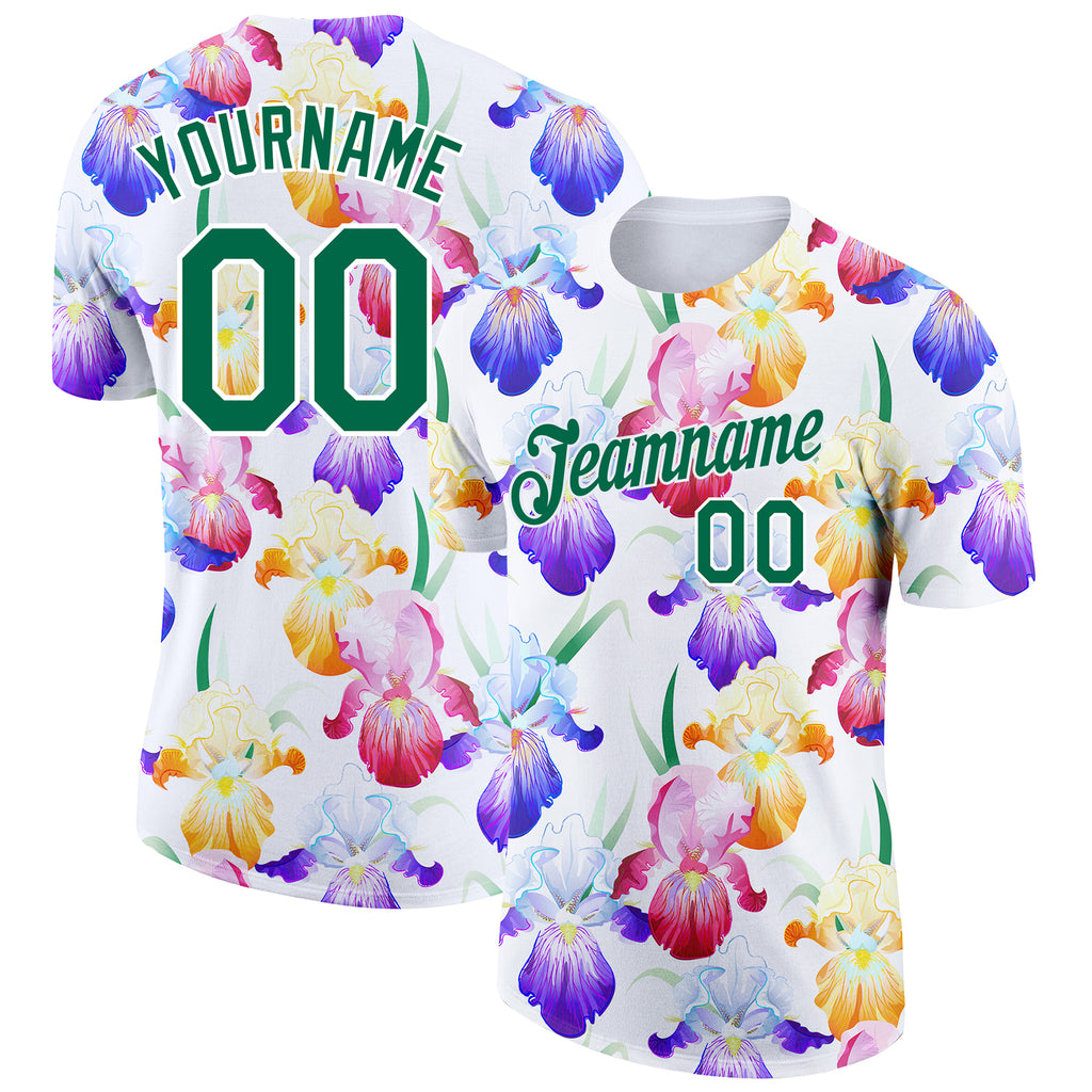 Custom White Kelly Green 3D Pattern Design Flowers Performance T-Shirt