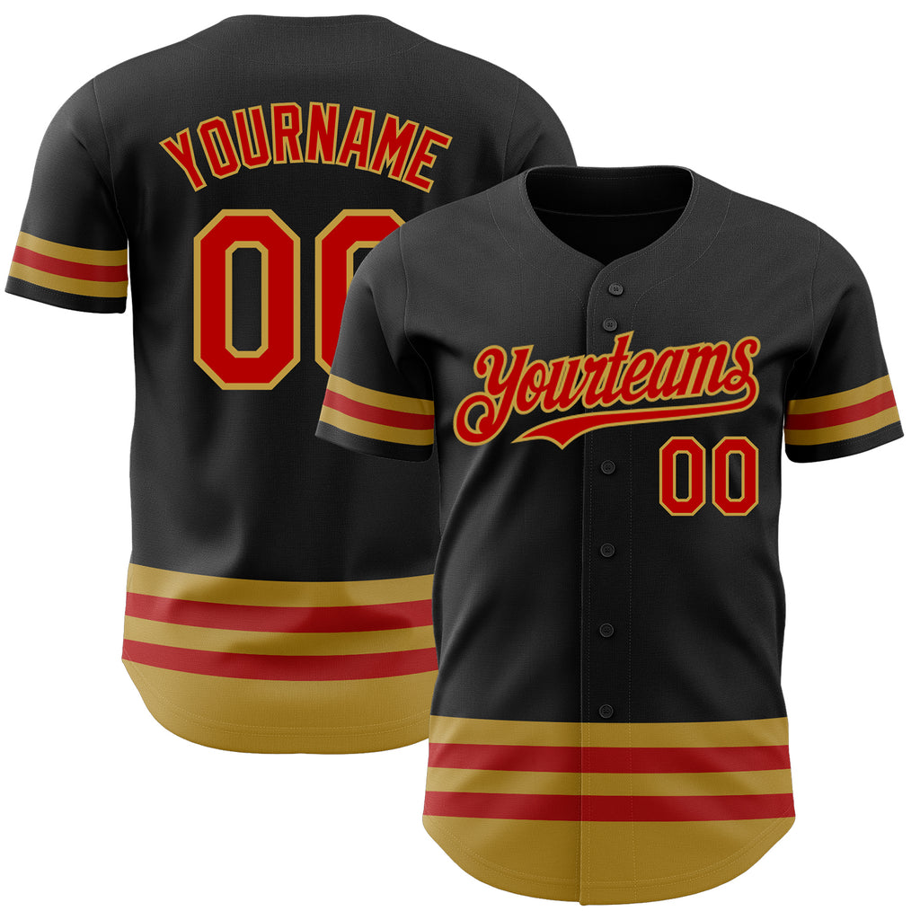 Custom Black Red-Old Gold Line Authentic Baseball Jersey