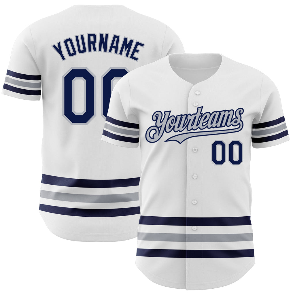 Custom White Navy-Gray Line Authentic Baseball Jersey