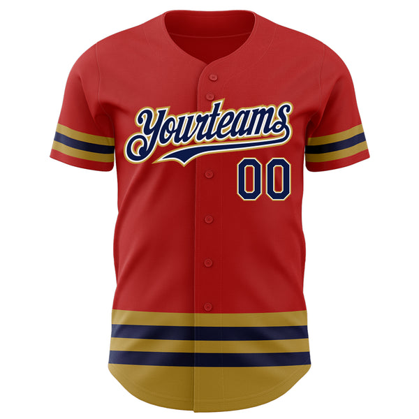 Custom Red Navy-Old Gold Line Authentic Baseball Jersey