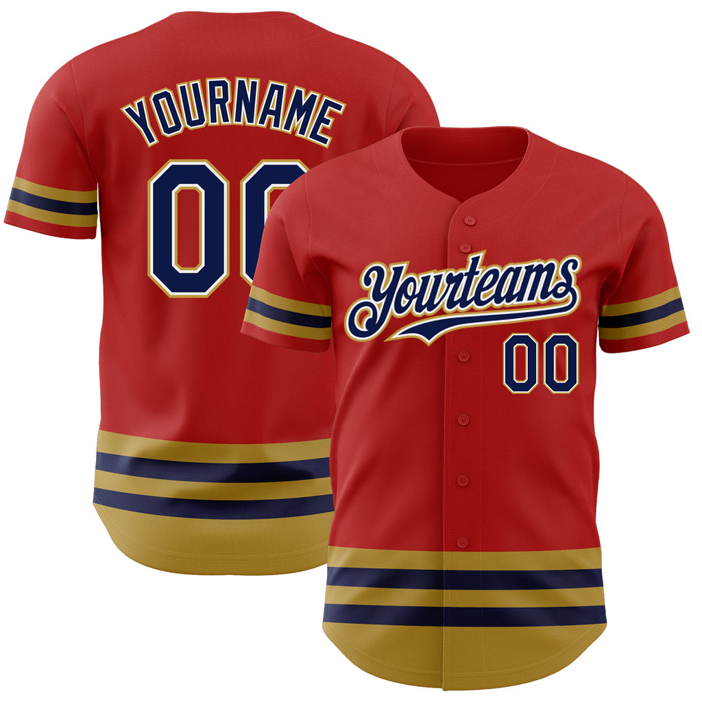 Custom Red Navy-Old Gold Line Authentic Baseball Jersey