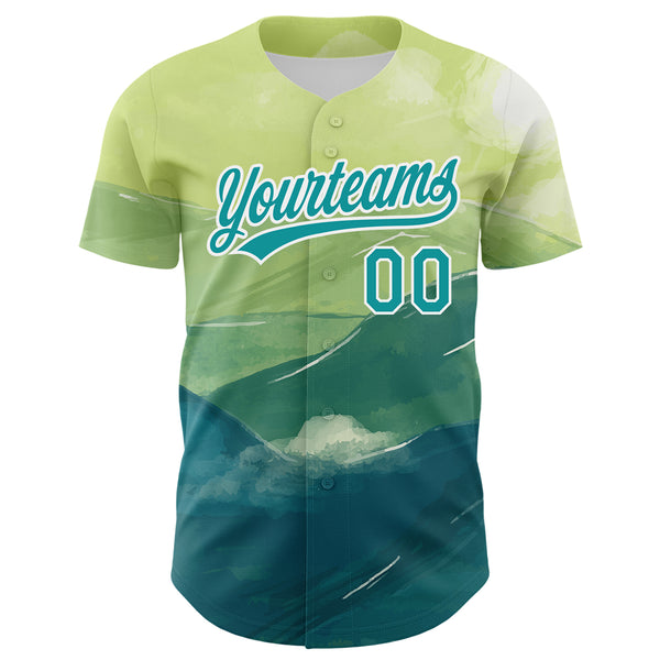 Custom Green Teal-White 3D Pattern Design Watercolor Mountains Authentic Baseball Jersey