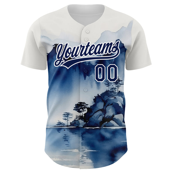 Custom White Navy 3D Pattern Design Abstract Watercolor Mountains Authentic Baseball Jersey