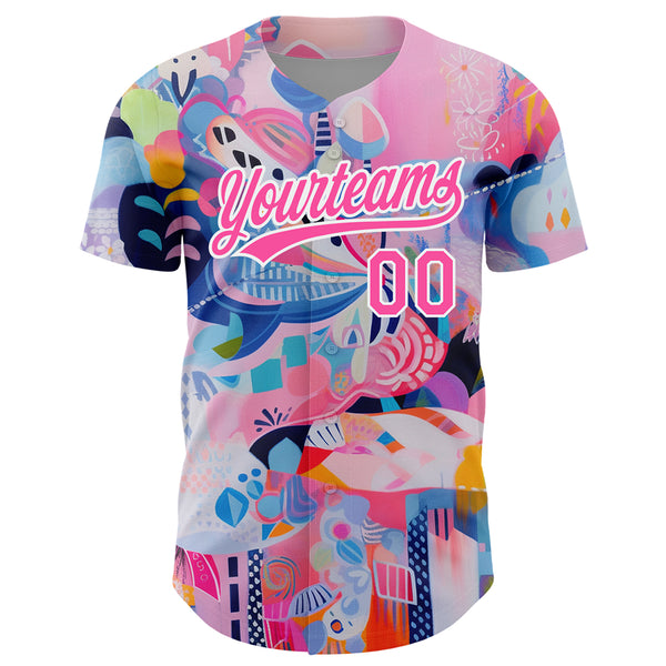 Custom Pink White 3D Pattern Design Abstract Painting Authentic Baseball Jersey