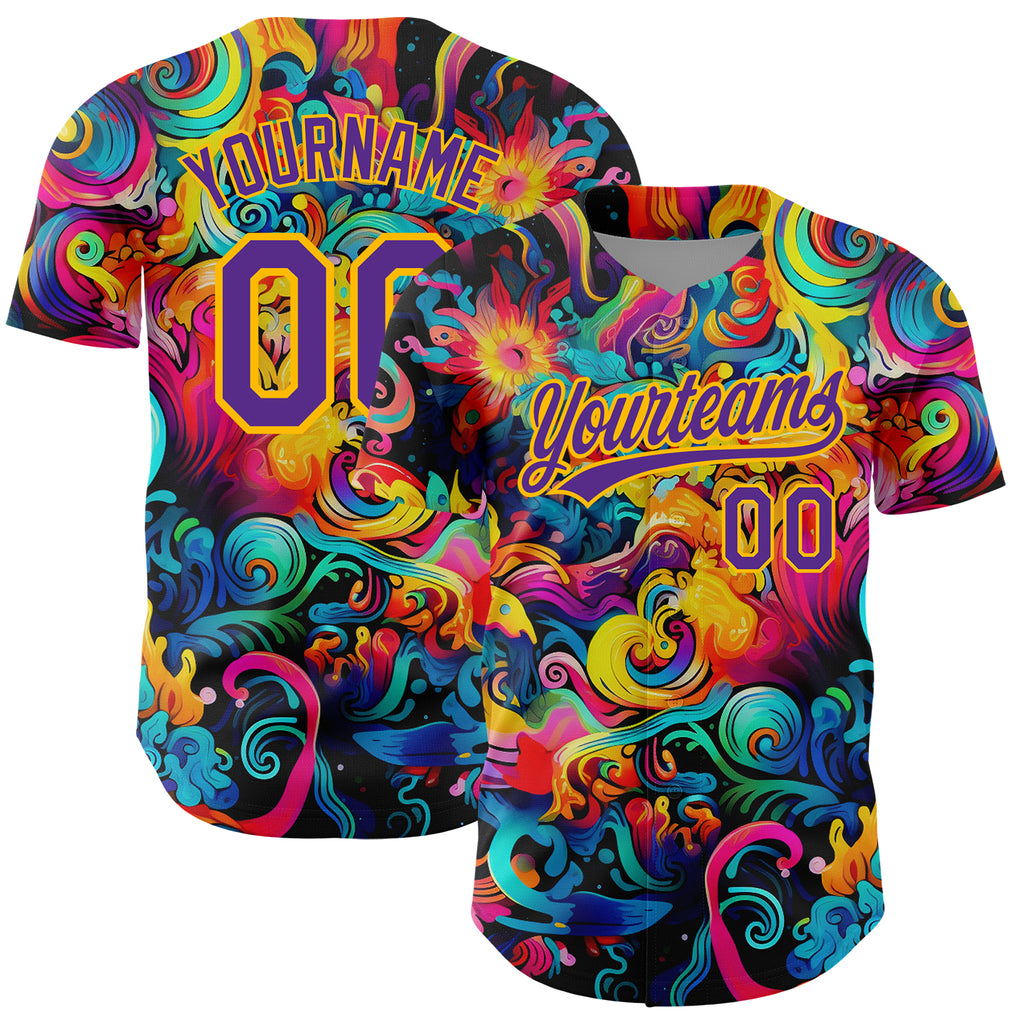 Custom Black Purple-Gold 3D Pattern Design Abstract Painting Authentic Baseball Jersey