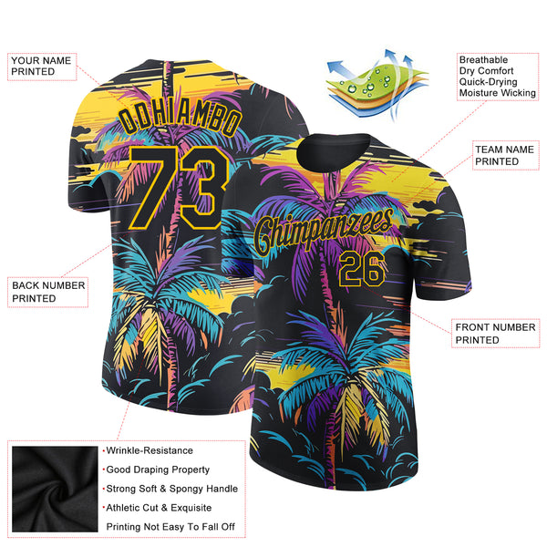 Custom Black Yellow 3D Pattern Design Tropical Hawaii Palms Trees Performance T-Shirt