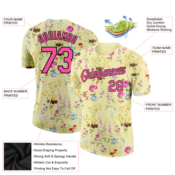 Custom Yellow Pink-Black 3D Pattern Design Tropical Hawaii Palms Trees Performance T-Shirt