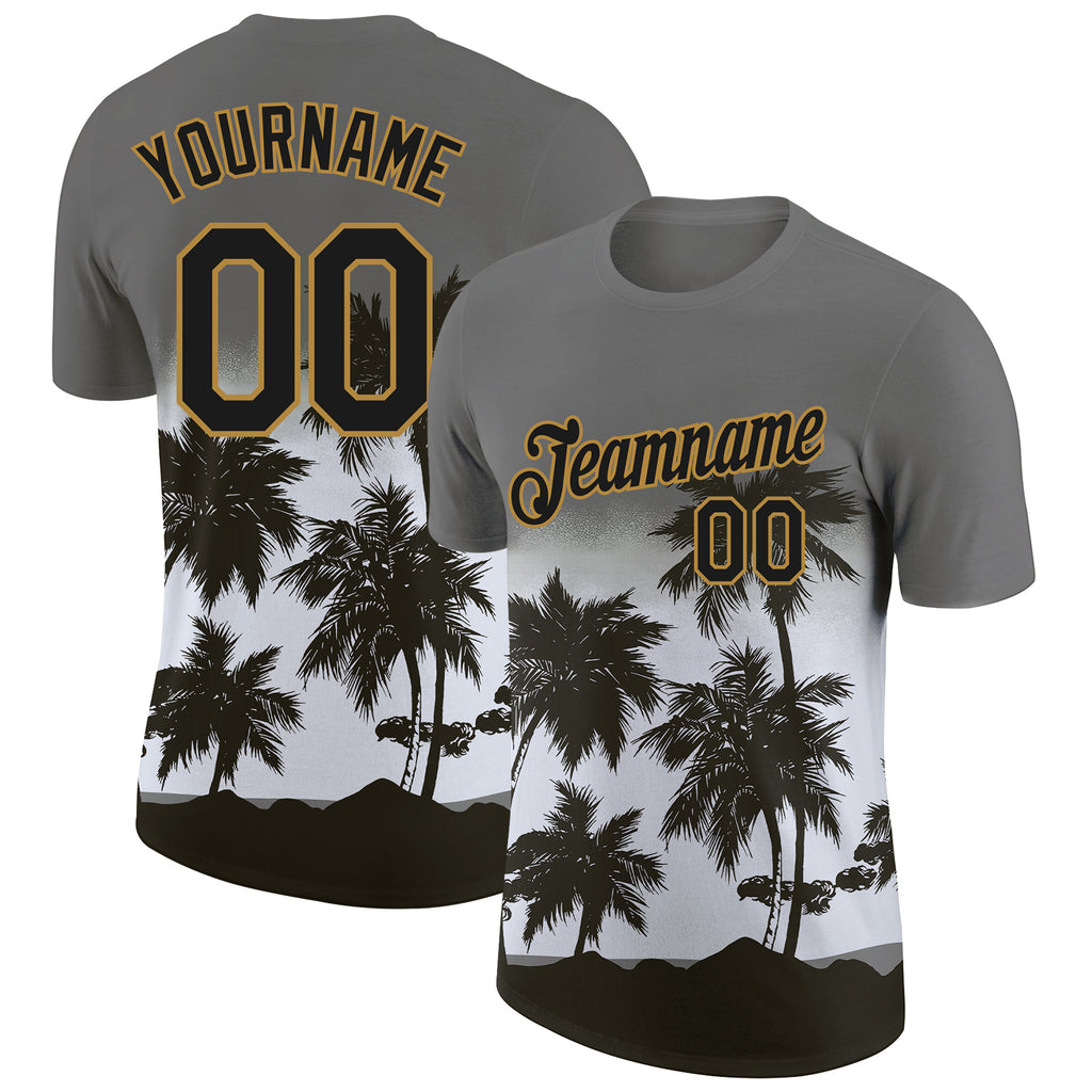 Custom Gray Black-Old Gold 3D Pattern Design Tropical Hawaii Palms Trees Performance T-Shirt