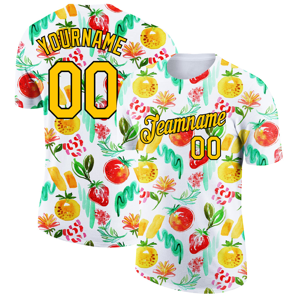 Custom White Gold-Black 3D Pattern Design Summer Holiday Fruit Performance T-Shirt