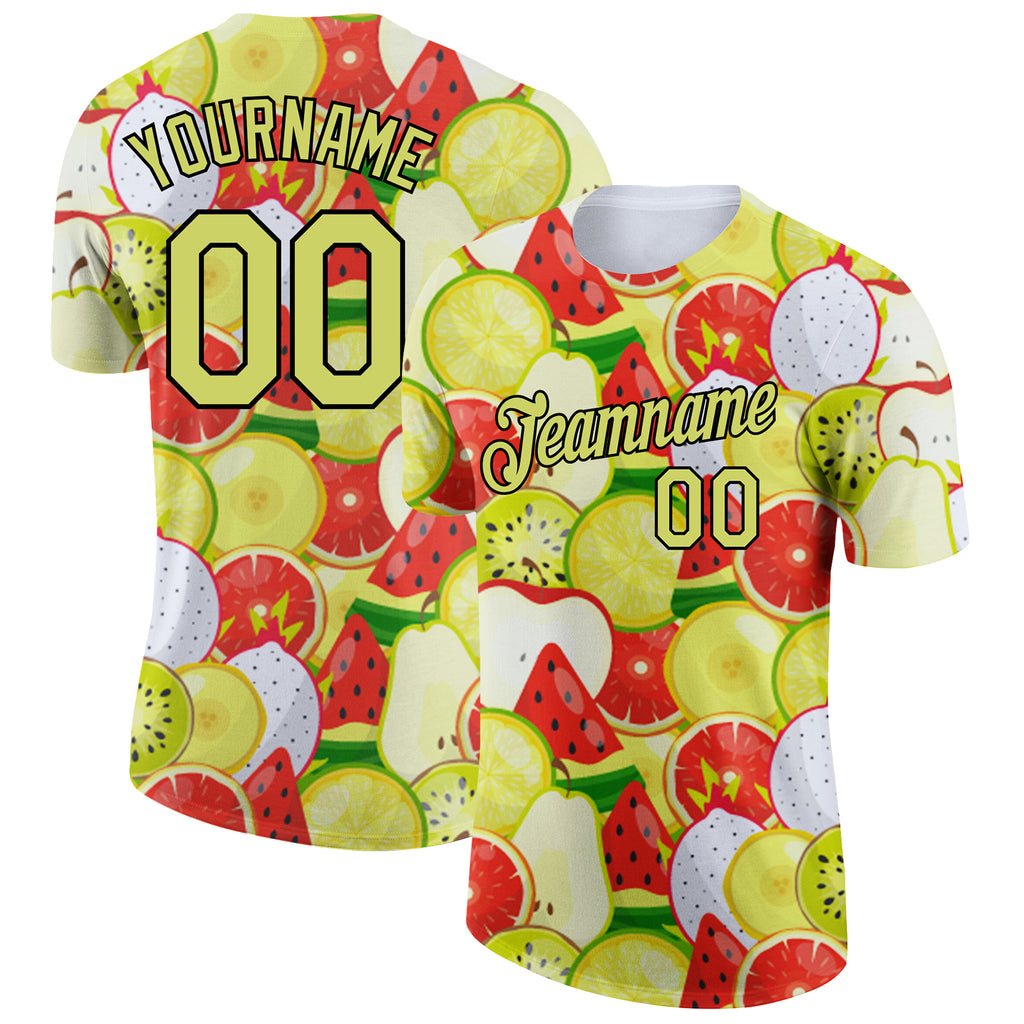 Custom White Neon Yellow-Black 3D Pattern Design Summer Holiday Fruit Performance T-Shirt