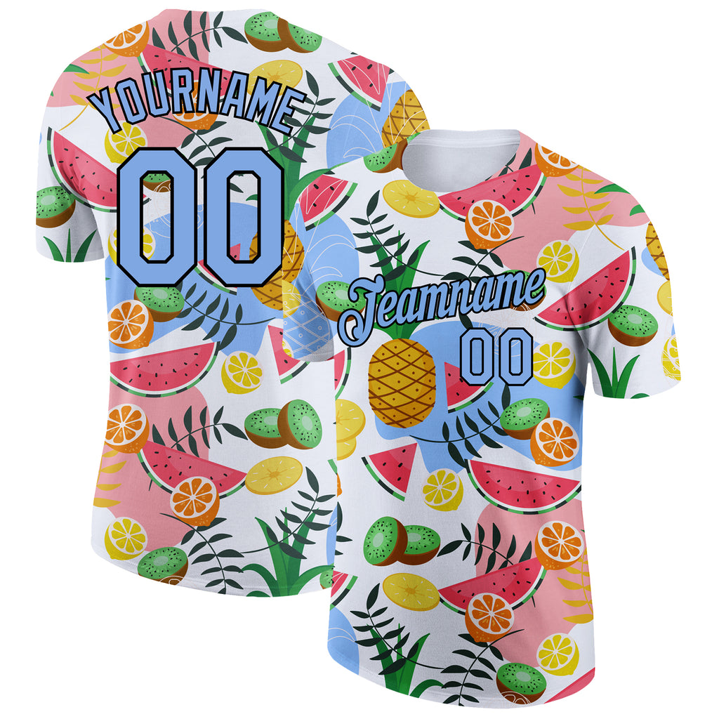 Custom White Light Blue-Black 3D Pattern Design Summer Holiday Fruit Performance T-Shirt