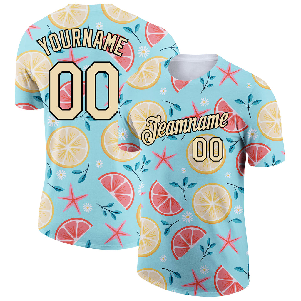 Custom Sky Blue City Cream-Black 3D Pattern Design Summer Holiday Fruit And Flower Performance T-Shirt