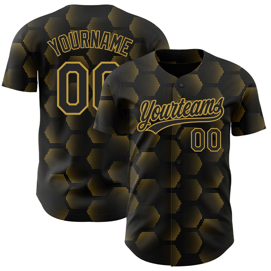 Custom Black Old Gold 3D Pattern Design Halftone Geometric Shapes Authentic Baseball Jersey