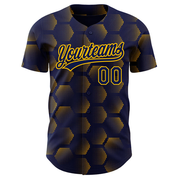 Custom Navy Gold 3D Pattern Design Halftone Geometric Shapes Authentic Baseball Jersey