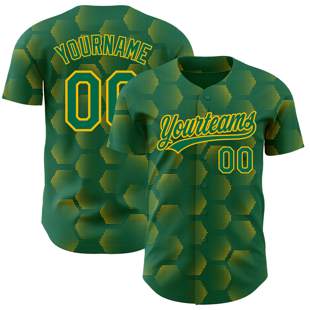 Custom Kelly Green Gold 3D Pattern Design Halftone Geometric Shapes Authentic Baseball Jersey