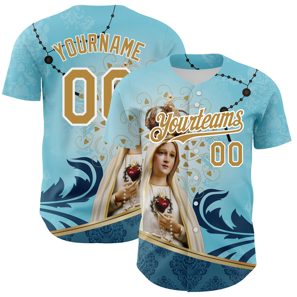 Custom Teal Old Gold-White 3D Pattern Design Religion Virgin Mary Authentic Baseball Jersey