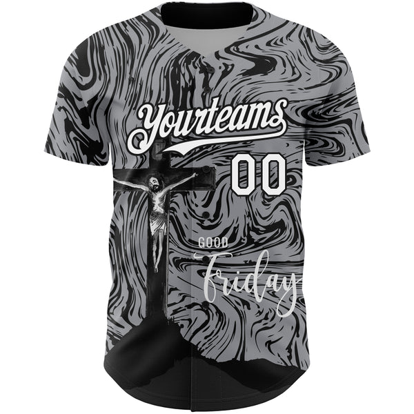 Custom Gray White-Black 3D Pattern Design Religion Cross Jesus Christ Good Friday Authentic Baseball Jersey