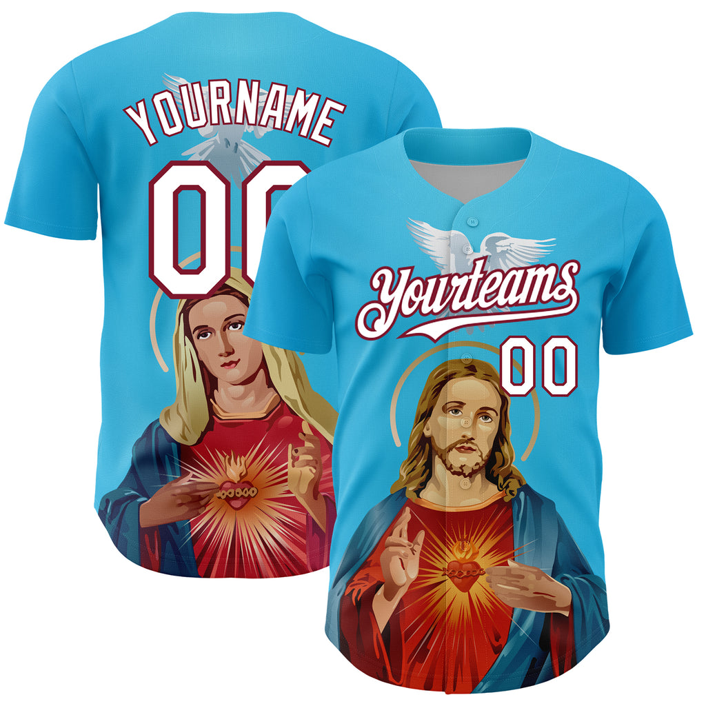 Custom Sky Blue White-Maroon 3D Pattern Design Religion Jesus Christ And Virgin Mary Authentic Baseball Jersey