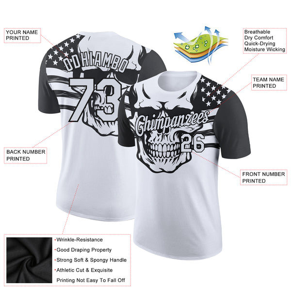 Custom White Black 3D Skull With American Flag Performance T-Shirt