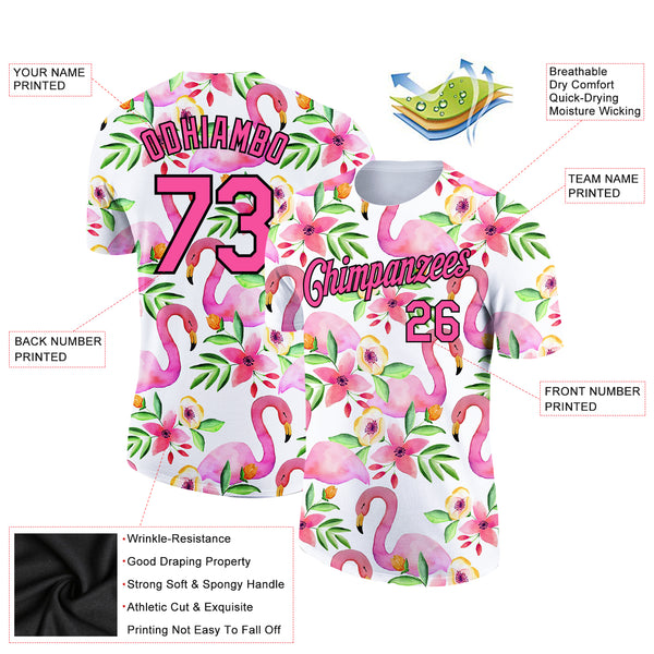 Custom White Pink-Black 3D Pattern Design Tropical Hawaii Flamingo Performance T-Shirt