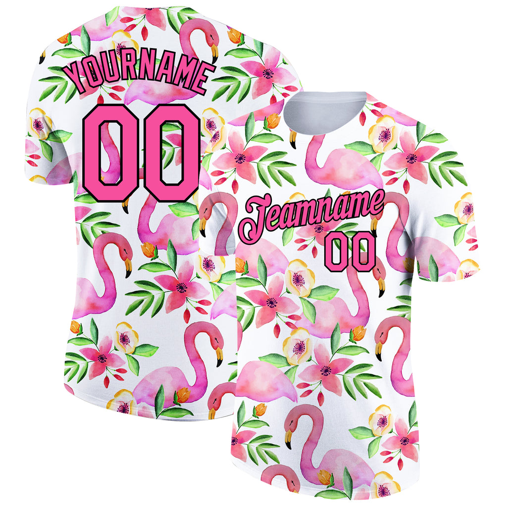 Custom White Pink-Black 3D Pattern Design Tropical Hawaii Flamingo Performance T-Shirt