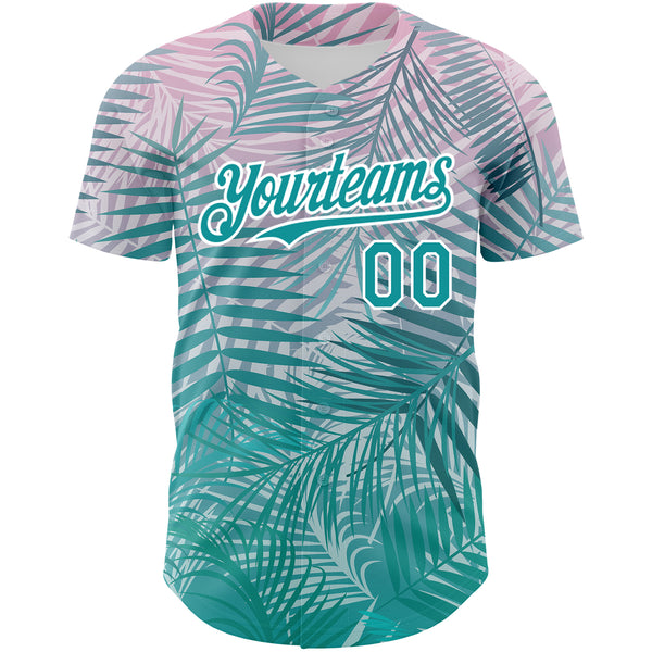 Custom Teal White 3D Pattern Design Tropical Hawaii Palm Leaves Authentic Baseball Jersey