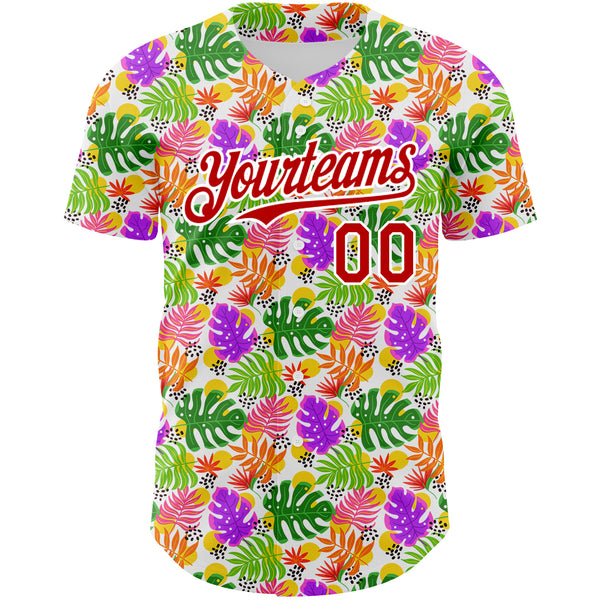 Custom White Red 3D Pattern Design Tropical Hawaii Palm Leaves Authentic Baseball Jersey