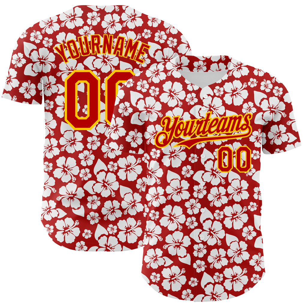 Custom Red Yellow 3D Pattern Design Tropical Hawaii Flower Authentic Baseball Jersey