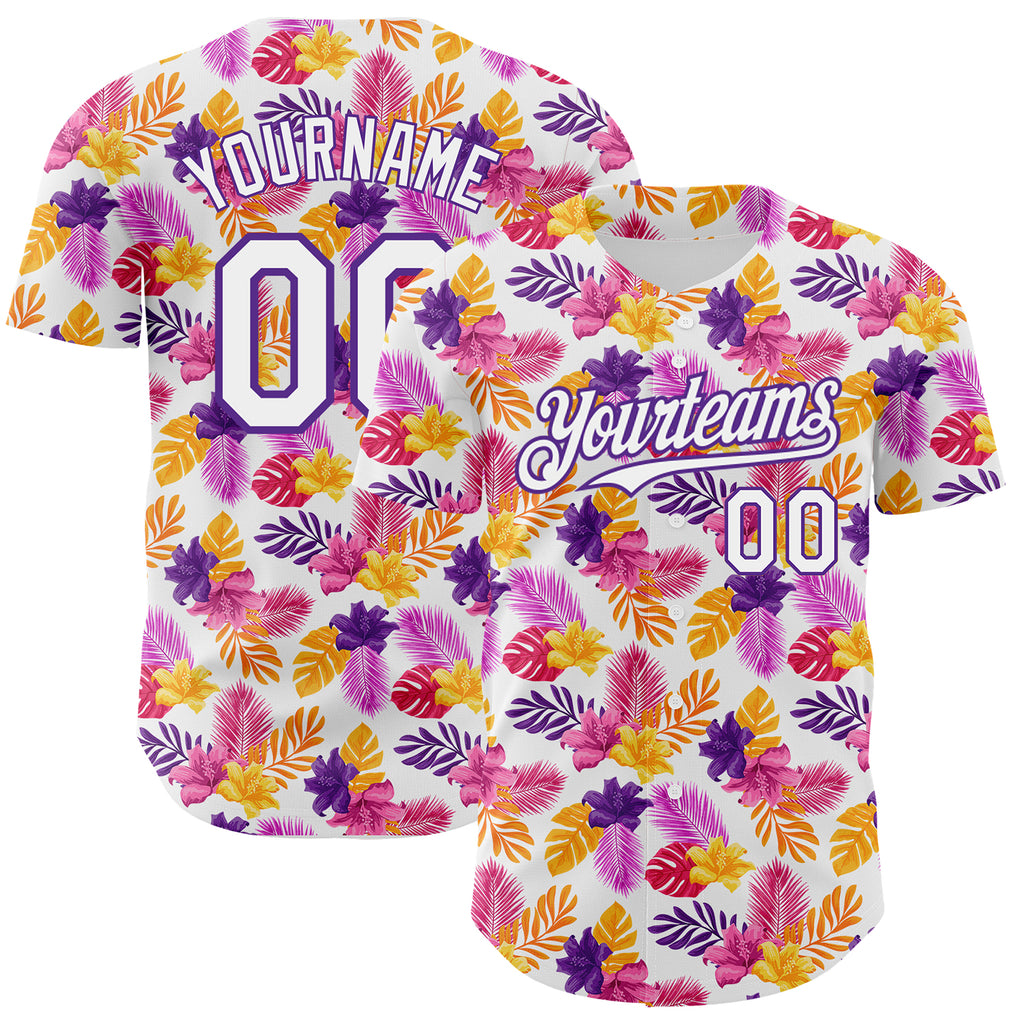 Custom White Purple 3D Pattern Design Tropical Flower And Hawaii Palm Leaves Authentic Baseball Jersey