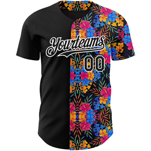 Custom Black White 3D Pattern Design Tropical Flower And Hawaii Palm Leaves Authentic Baseball Jersey