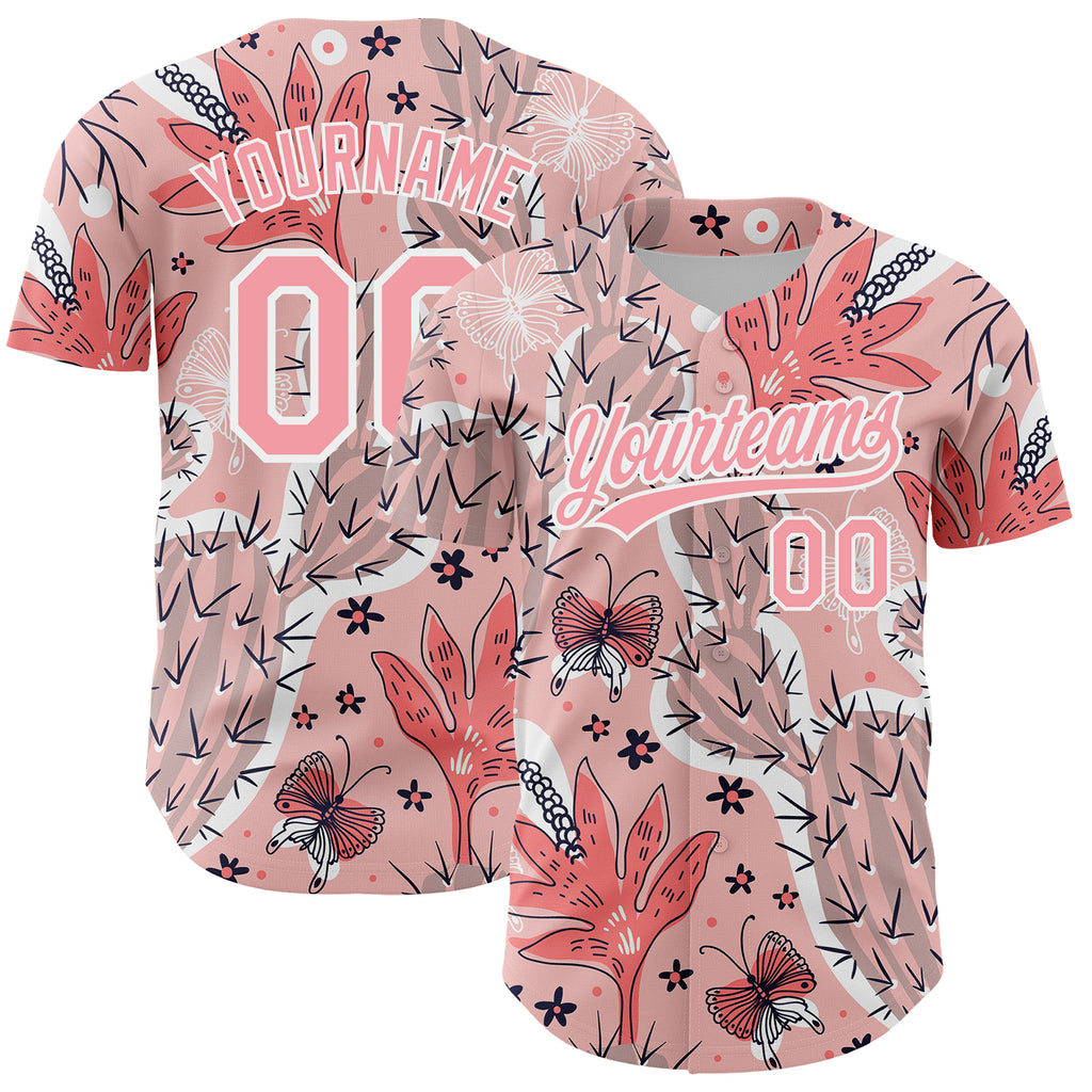 Custom Medium Pink White 3D Pattern Design Cactus Festival Authentic Baseball Jersey