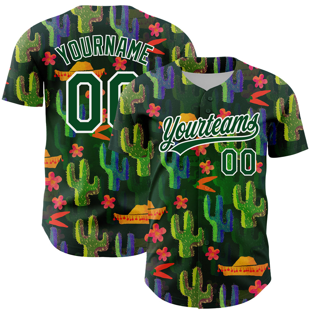 Custom Green White 3D Pattern Design Cactus Festival Authentic Baseball Jersey