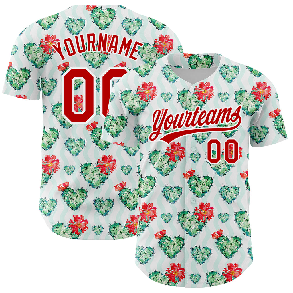 Custom White Red 3D Pattern Design Cactus Festival Authentic Baseball Jersey