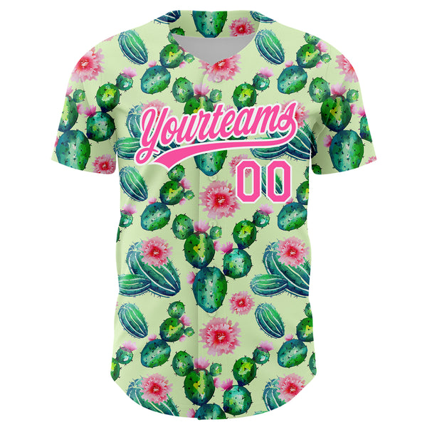 Custom Green Pink-White 3D Pattern Design Cactus Festival Authentic Baseball Jersey