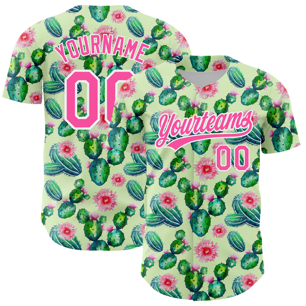 Custom Green Pink-White 3D Pattern Design Cactus Festival Authentic Baseball Jersey