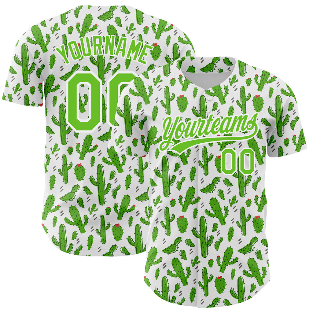 Custom White Aurora Green 3D Pattern Design Cactus Festival Authentic Baseball Jersey