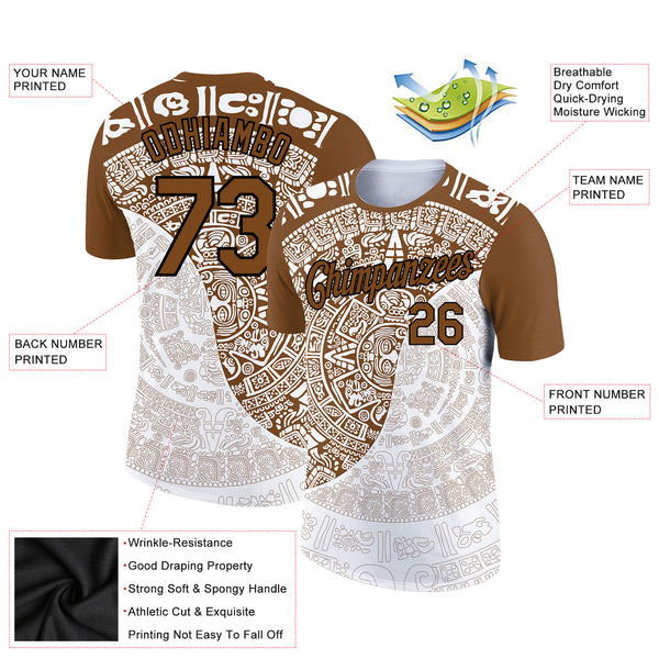 Custom White Brown-Black 3D Pattern Design Ancient Shapes Performance T-Shirt