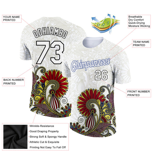 Custom White Black 3D Pattern Floral Design Performance T-Shirt