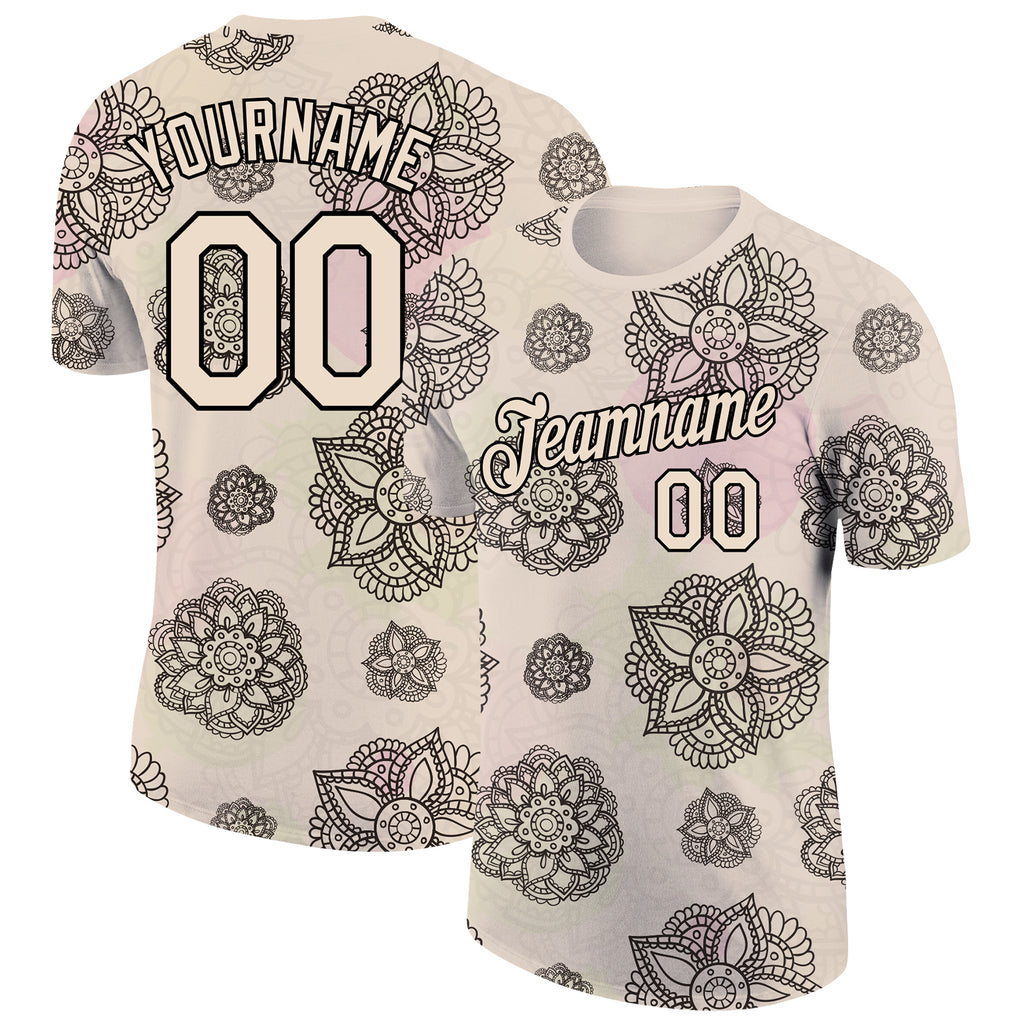 Custom City Cream Black 3D Pattern Floral Design Performance T-Shirt