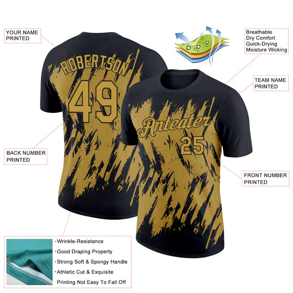 Custom Black Old Gold 3D Pattern Design Abstract Sharp Shape Performance T-Shirt