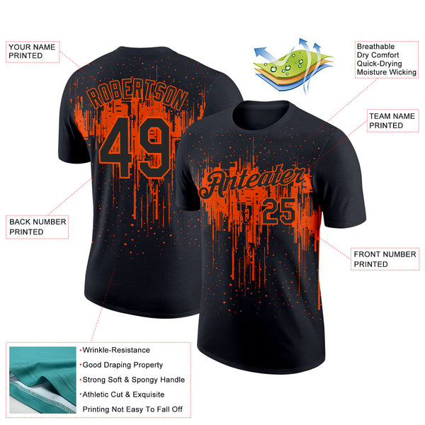 Custom Black Orange 3D Pattern Design Dripping Splatter Art Performance T-Shirt