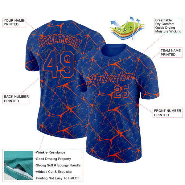 Custom Royal Orange 3D Pattern Design Abstract Network Performance T-Shirt