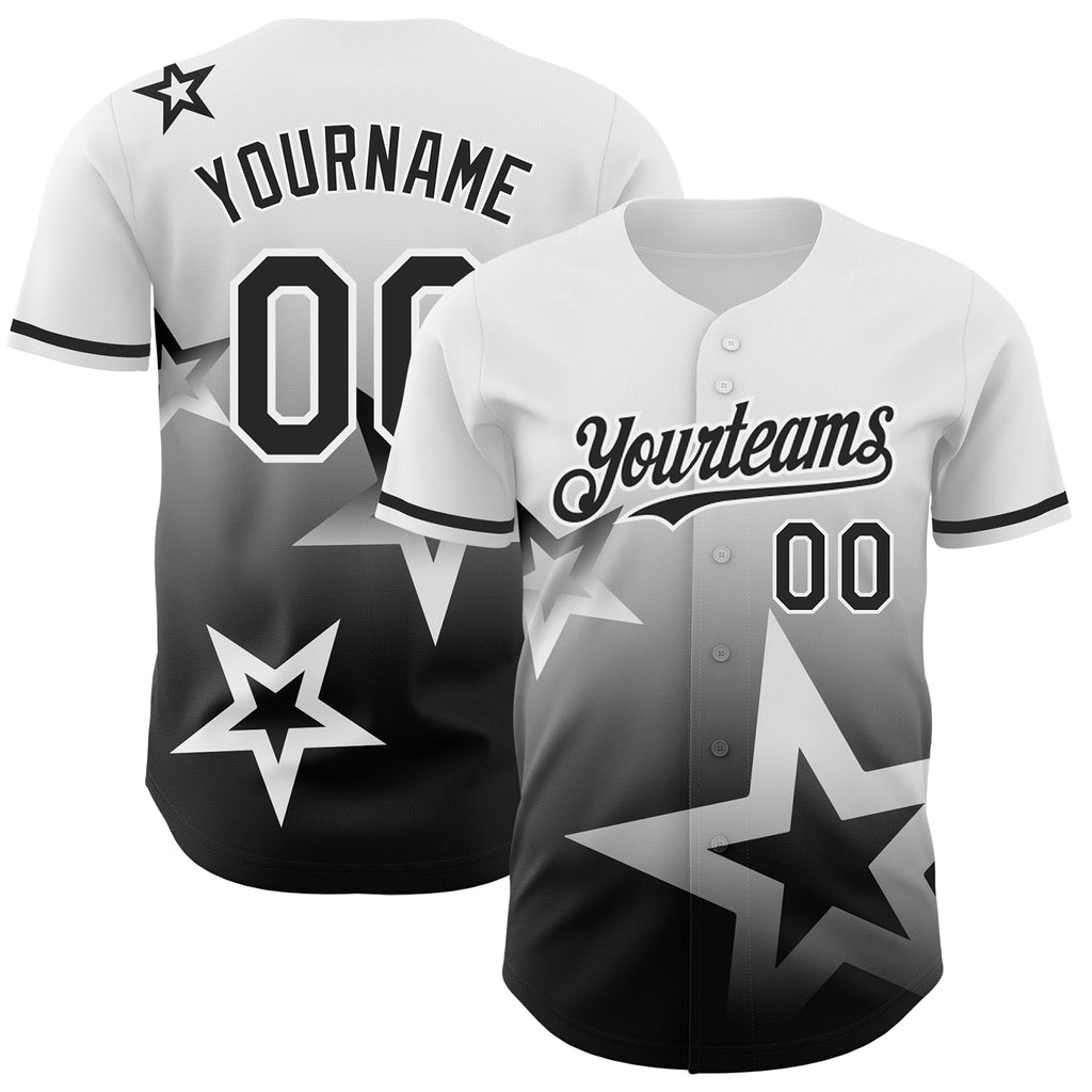 Custom White Black 3D Pattern Design Gradient Style Twinkle Star Authentic Baseball Jersey