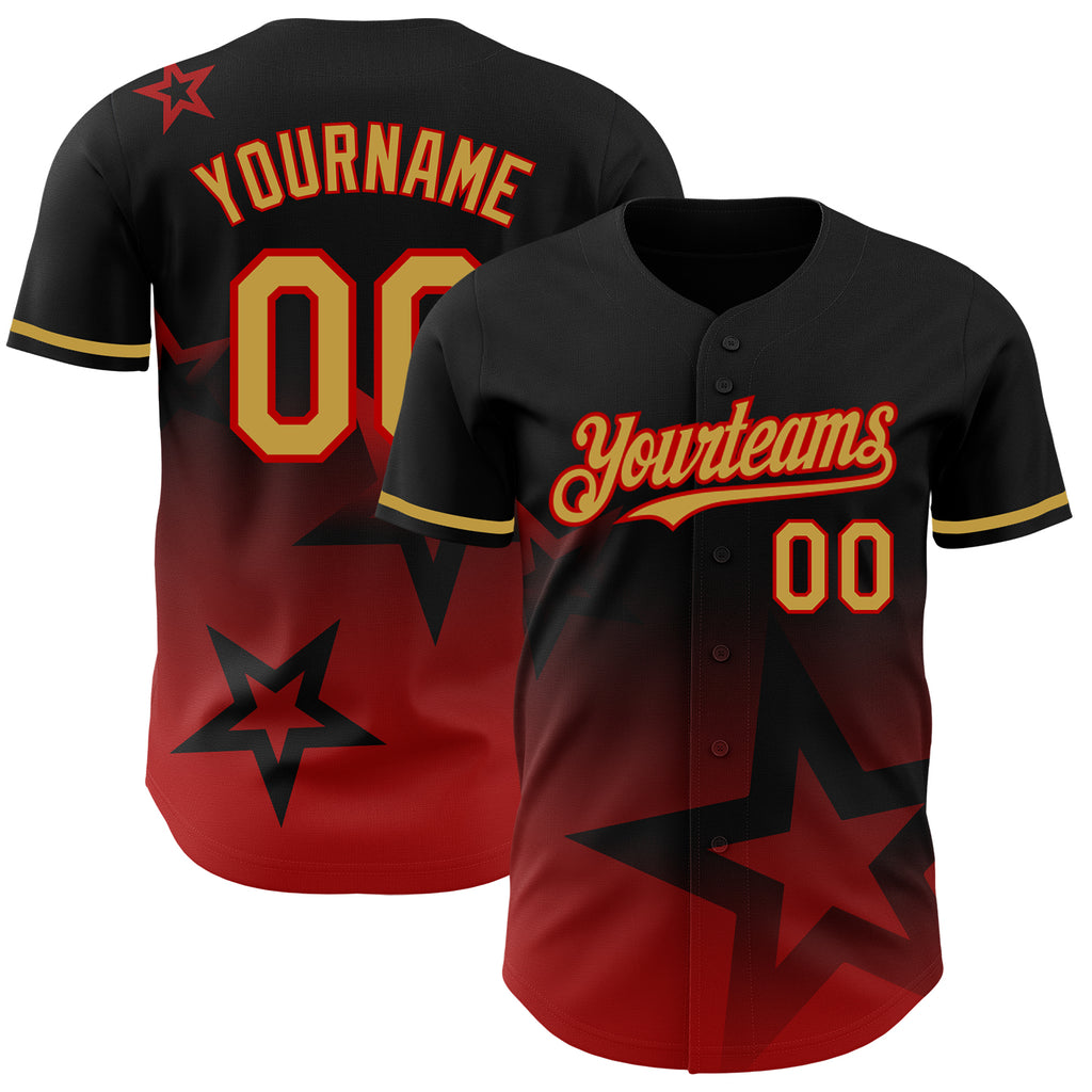 Custom Black Old Gold-Red 3D Pattern Design Gradient Style Twinkle Star Authentic Baseball Jersey