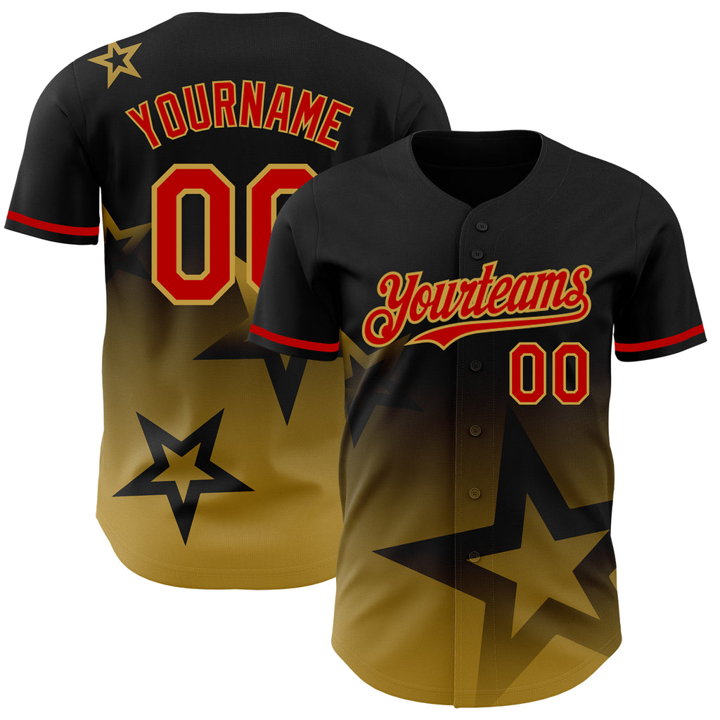 Custom Black Red Old Gold 3D Pattern Design Gradient Style Twinkle Star Authentic Baseball Jersey