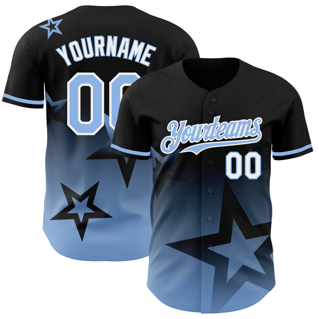 Custom Black Light Blue-White 3D Pattern Design Gradient Style Twinkle Star Authentic Baseball Jersey