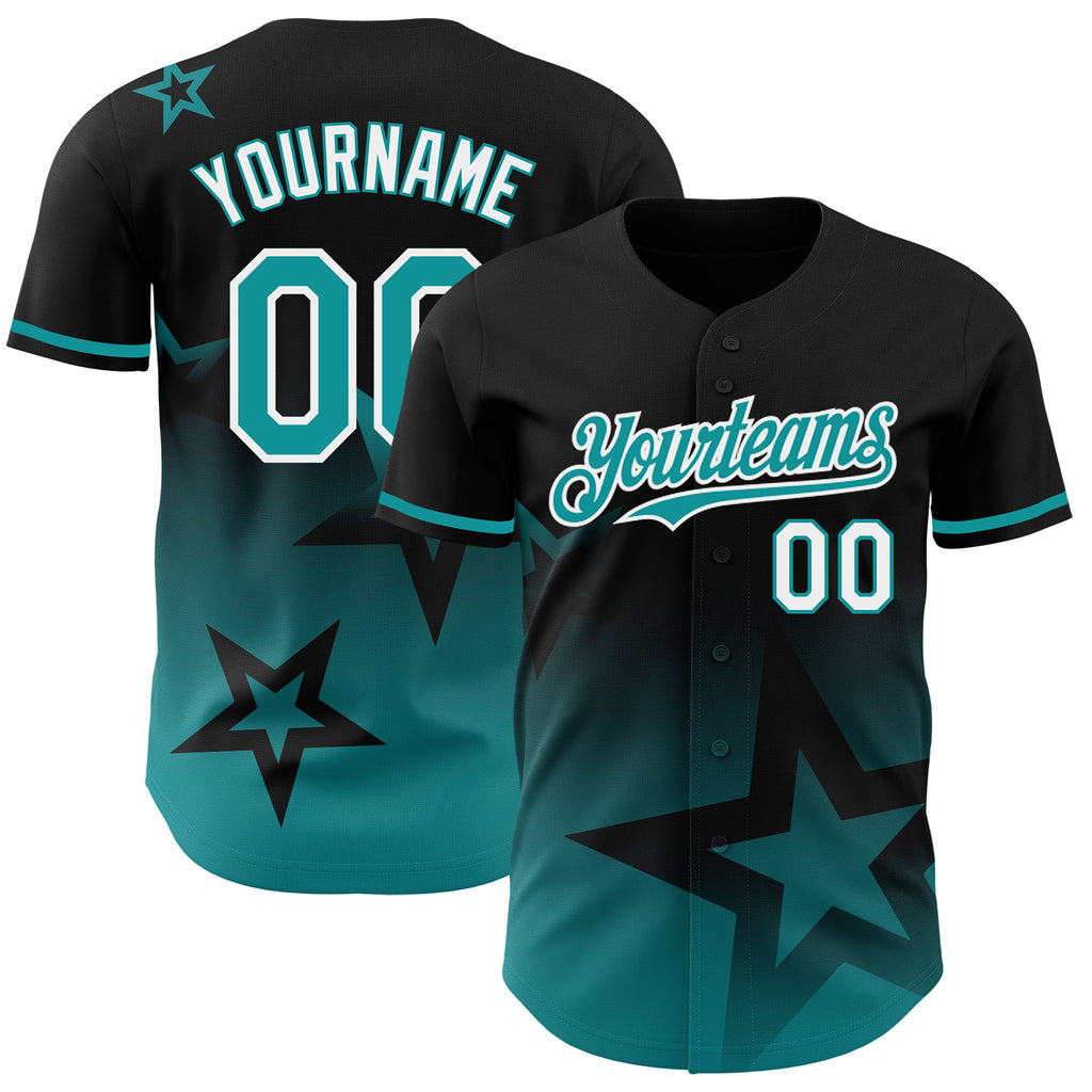 Custom Black Teal-White 3D Pattern Design Gradient Style Twinkle Star Authentic Baseball Jersey