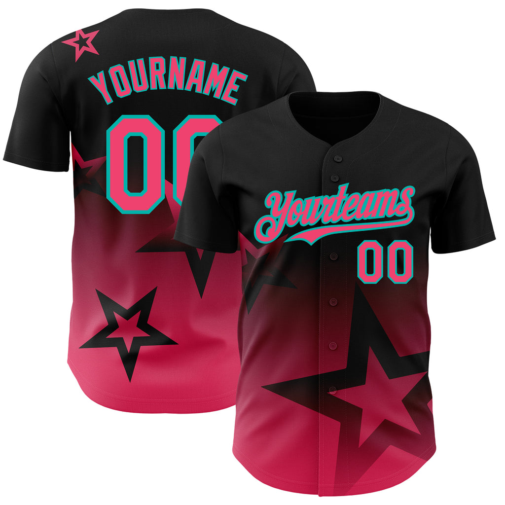 Custom Black Neon Pink-Aqua 3D Pattern Design Gradient Style Twinkle Star Authentic Baseball Jersey