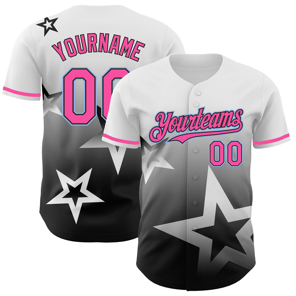 Custom White Pink Black-Light Blue 3D Pattern Design Gradient Style Twinkle Star Authentic Baseball Jersey